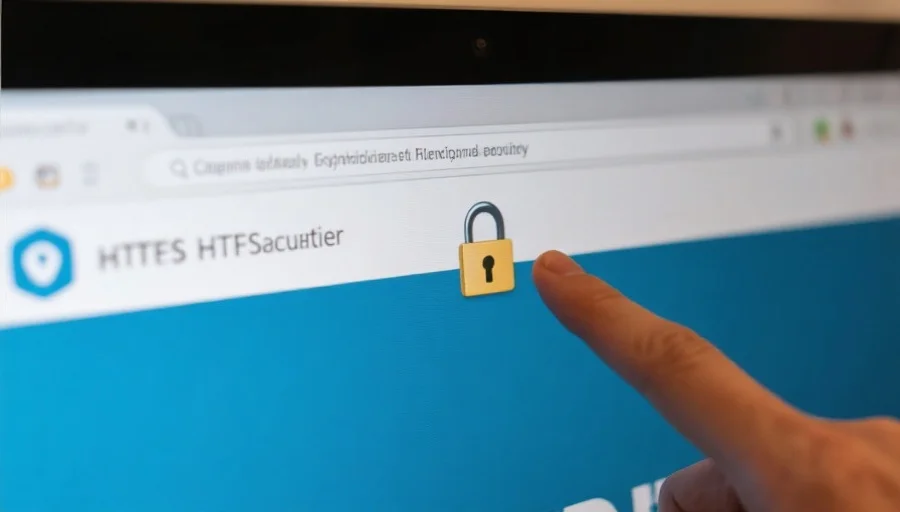 一张展示电脑屏幕上的浏览器地址栏，清晰显示正规HTTPS加密和安全锁标志，用户手指正指向安全锁