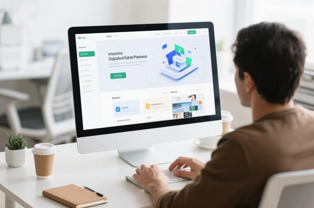 一个人在办公桌前使用台式电脑浏览数字娱乐平台