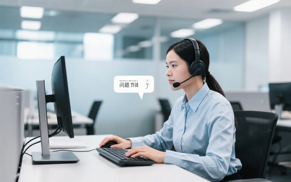 一名客服专员通过电脑为用户在线解答问题，背景为专业的办公环境